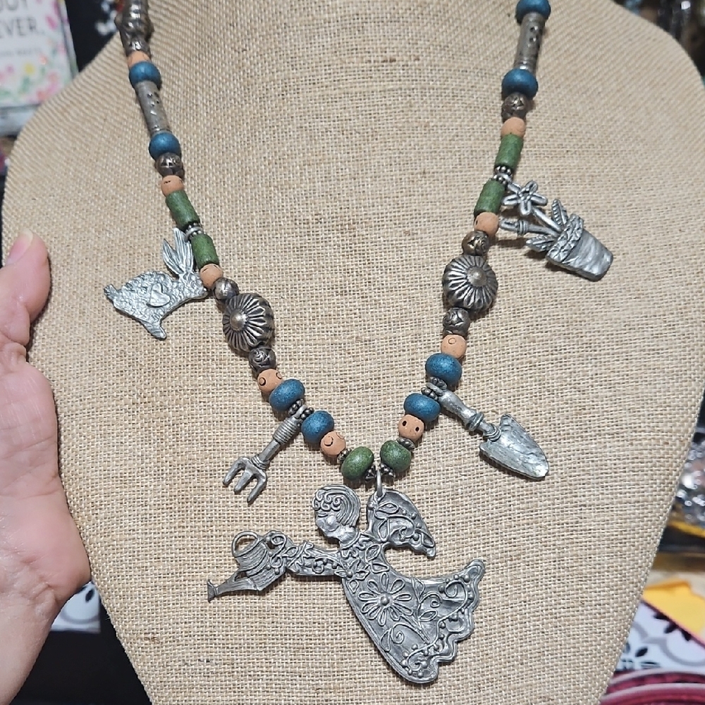 Handcrafted Pewter Garden Charm Necklace Signed Marcie USA